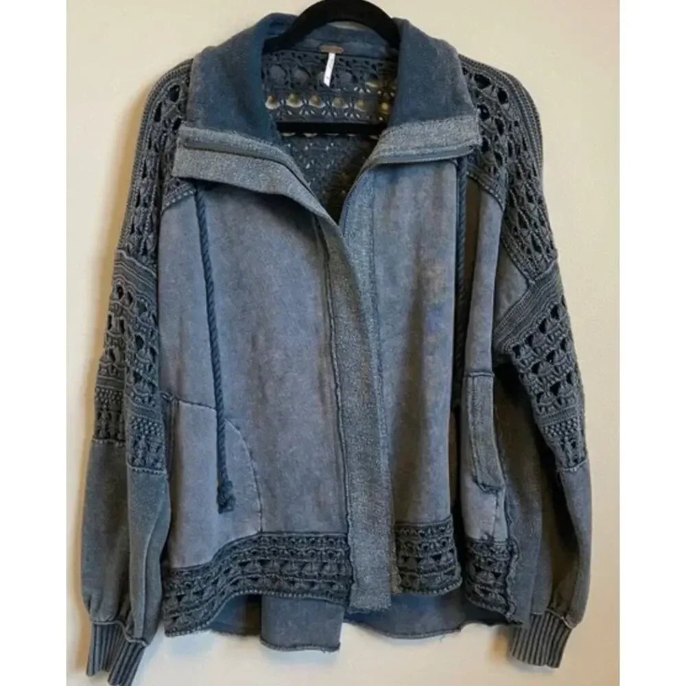 Free People Charcoal Gray Openwork Knit Zip-Front Jacket - Picture 6 of 6